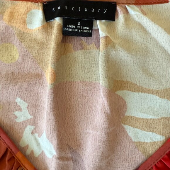 NWOT Sanctuary V-Neck Balloon Sleeve Tunic Top Size S Orange Brown Floral - Picture 6 of 6